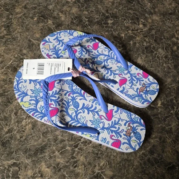 Vineyard Vines Blue Pink Flamingo Flip Flop Pool Sandals Women Size 9 NWT - Picture 3 of 4